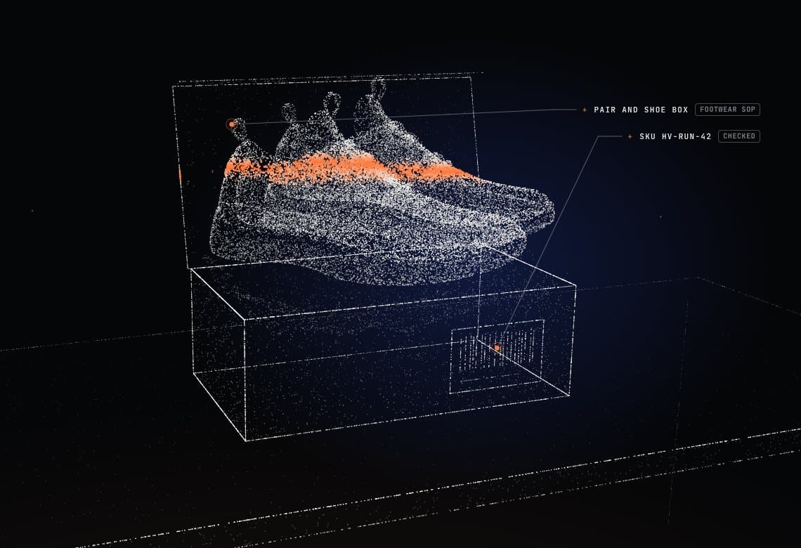 The pair of runners lifted out of their shoe box, drawn in dots, with the SKU label on the box checked