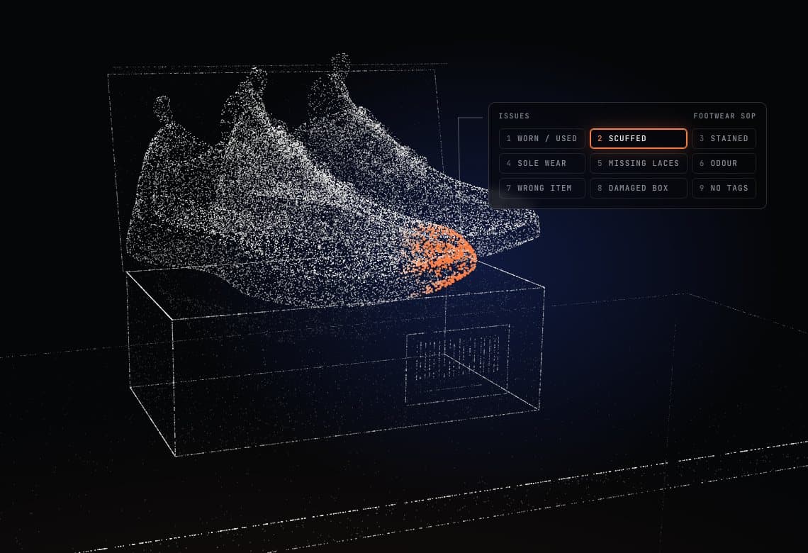 The runners drawn in dots beside the footwear issue grid, with Scuffed selected and the scuffed toe lit